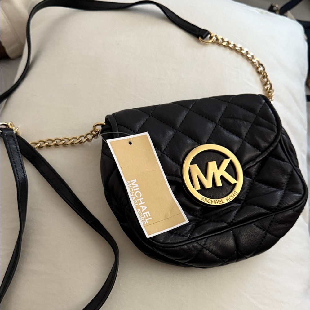 Michael Kors Black Crossbody with Gold Accents genuine Leather Fulton Quilt S